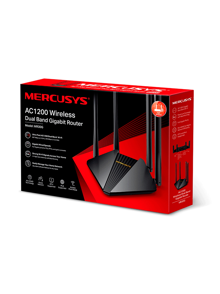 MERCUSYS MR30G - Router inalámbrico Gigabit AC1200 con doble banda 2.4 GHz y 5 GHz, 2 puertos LAN Gigabit, 1 puerto WAN Gigabit. Incluye tecnología MU-MIMO y Beamforming, 4 antenas de 5 dBi, compatible con EasyMesh y función de control parental. - Image 2