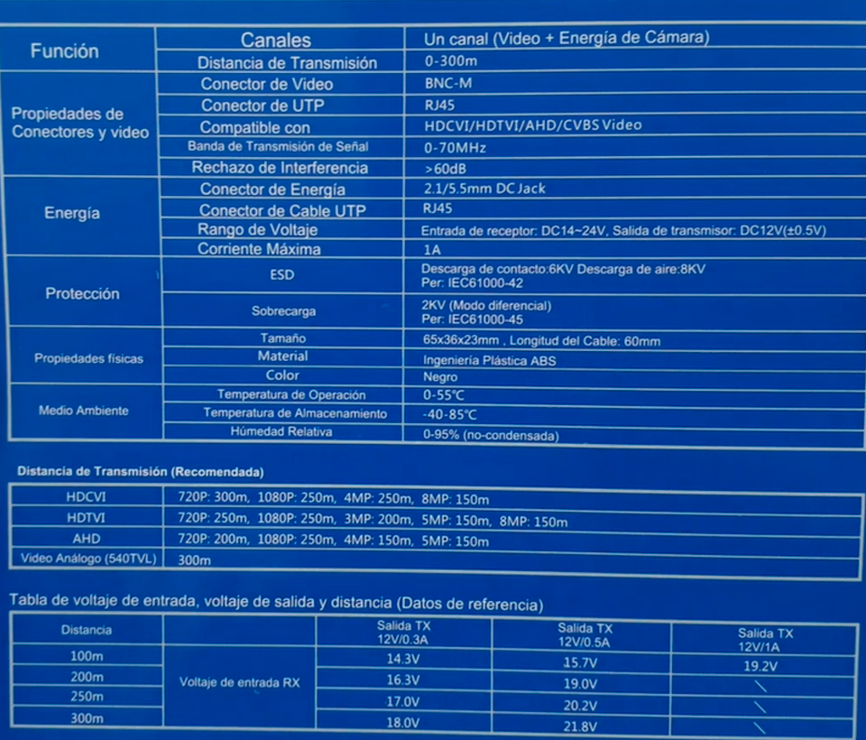 UTEPO UTP101PVHD12 - Par de transceptores 4K para video y energía, con entradas RJ45, 4K hasta 150m con CVI, 4MP y 2MP hasta 250m - Image 3