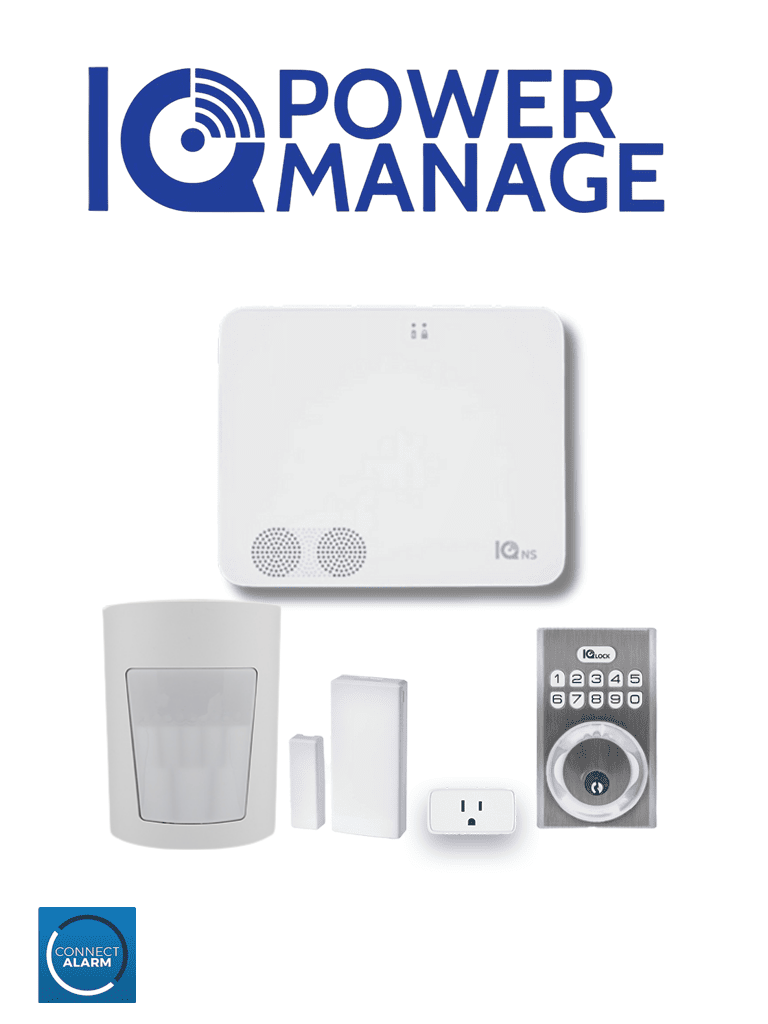 QOLSYS IQ4 NS POWER MANAGE Automation KIT - Paquete que contiene Sistema IQ 4 NS POWER MANAGE, 1 sensor PIR inalámbrico PGP9914, 1 sensor magnético inalámbrico PG9303, 1 enchufe inteligente y una cerradura power G