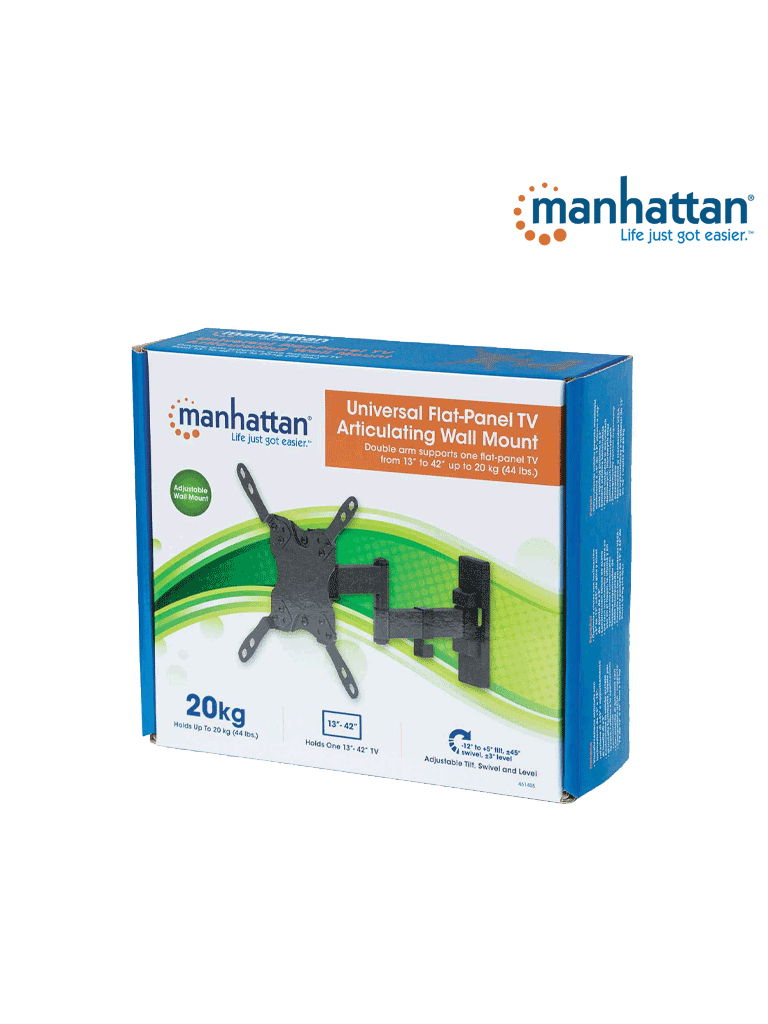 MANHATTAN 461405 - Soporte para Pantallas de 13 a 42 Pulgadas/ 20 Kg de Carga/ Brazo Articulado Doble/ Distancia a la Pared de Hasta 27.3 cm/ Acero Solido/ Ajuste de Inclinación y Angulo/ VESA 75/ 100/ 200x100/ 200/ - Image 2