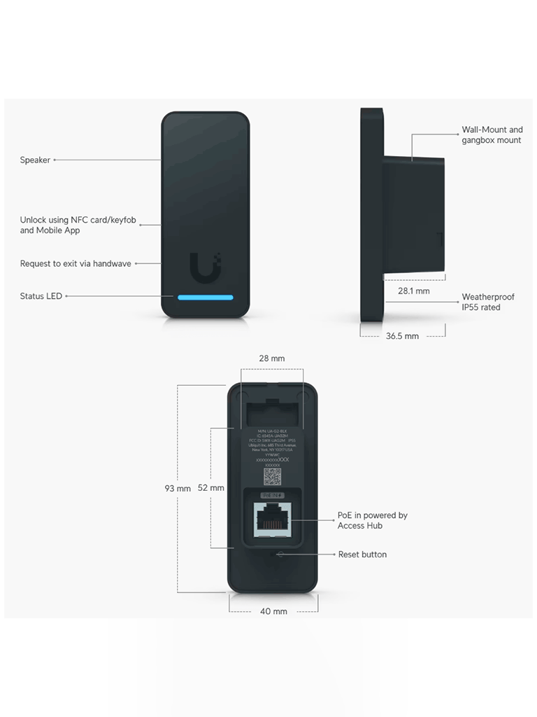 UBIQUITI UA-G2-BLACK - Lectora NFC para control de acceso , Desbloqueo Mediante NFC o App UniFi Identity , Configuración de Mensaje para Bienvenida &Salida , Grado de Protección IP55 , Conexión a UniFi Access Hub mediante PoE. - Image 2