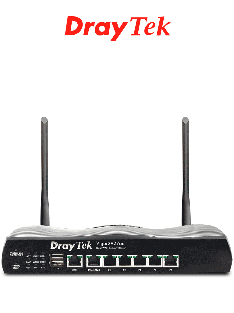 DRAYTEK VIGOR2927AC- Ruteador Inalámbrico Multi WAN con 1 puerto WAN GE RJ45, 1 puerto intercambiable LAN & WAN, 5 puertos LAN GE, 50 VPN, 2 puertos USB y WiFi AC hasta 1733 Mbps