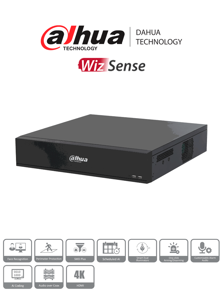 DAHUA DH-XVR7816S-4K-I3 -DVR de 16 Canales 4k/ WizSense/ H.265+/ 8 Bahías de Discos Duros/ +16 Canales IP/ 6 Canales con Reconocimiento Facial/ SMD Plus/ Codificación IA/ IoT & POS/