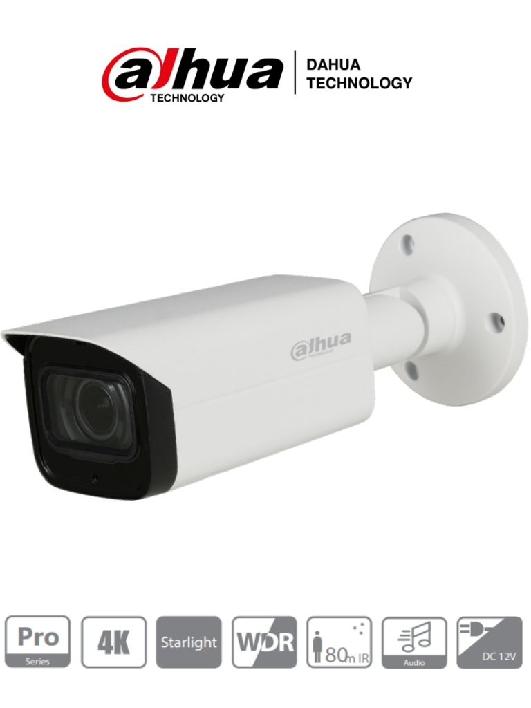 DAHUA HFW2802T-Z-A - Camara Bullet 4k Starlight/ 8 Megapixeles/ Lente Motorizado 3.7 a 11mm/ 0.005 Lux color/ WDR Real 120dB/ Ir 80 Mts/ Microfono Integrado + 1 Canal de Audio/ IP67/