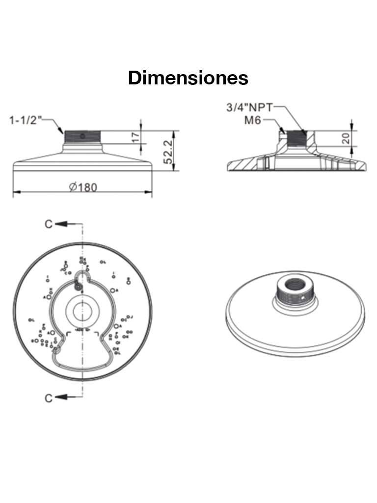 VIVOTEK AM-520_V05 - Soporte de montaje para camaras domo y fisheye, para exterior, Conector hembra 3/4" NPT, Conector macho 1-1/2" PS - Image 2