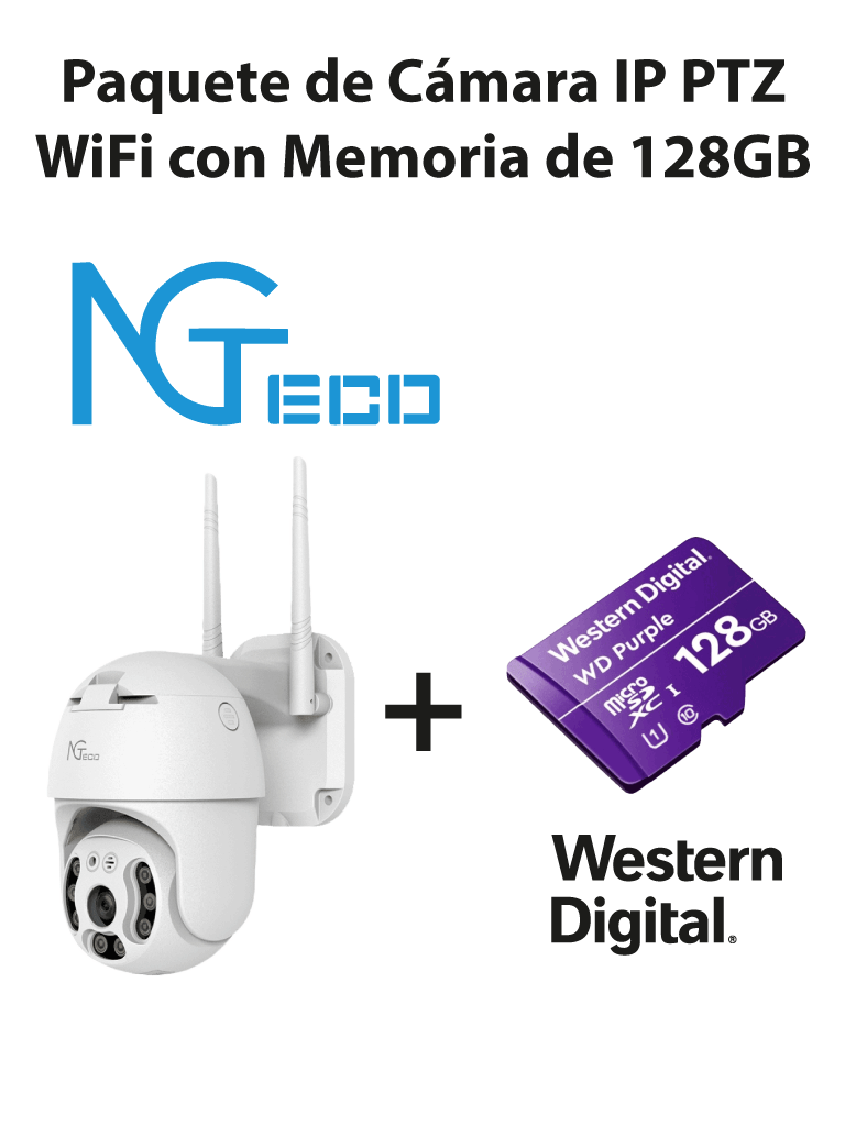 NGTECO NGC4200PAK - Paquete de Cámara NGC4200 IP PTZ WiFi 3MP con Memoria de 128GB Micro SDXC/ Linea Purple/ Clase 10 U1