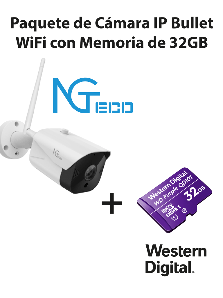 NGTECO NGC401PAK - Paquete de Cámara NGC401 IP Bullet WiFi 1080P con Memoria de 32GB Micro SDHC/ Linea Purple/ Clase 10 U1