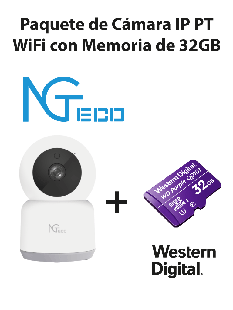NGTECO NGC2401PAK - Paquete de Cámara NGC2401 IP PT WiFi 1080P con Memoria de 32GB Micro SDHC/ Linea Purple/ Clase 10 U1