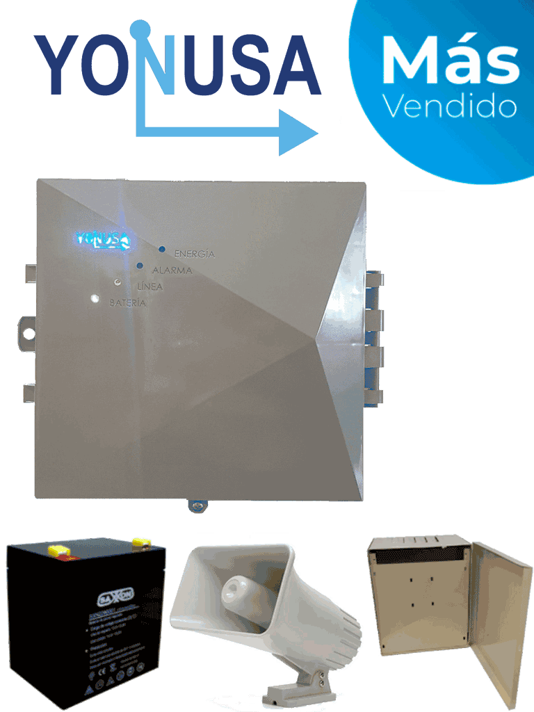 YONUSA EYNG12001BAT - Energizador de nueva generación de12,000 V con hasta 2,500 metros lineales, compatible con modulo Wifi, incluye Sirena de 30W con gabinete metálico y batería de respaldo de 12VDC a 4.5 Ah