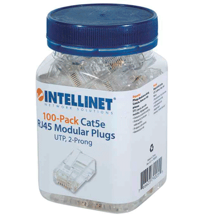 INTELLINET 790055 - Paquete de 100 conectores modulares Cat5e RJ45 / UTP, 2 pines, para cable trenzado, 100 clavijas en bote - Image 2