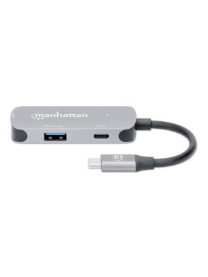 MANHATTAN - 190299 - Convertidor Docking USB-C a HDMI, 3 en 1 con PD / Un conector USB 3.2 tipo C macho a un puerto HDMI (4K@60Hz), un USB-A (5 Gbps) y un USB-C PD (100 W), convertidor multipuerto con puerto de carga de paso, aluminio, gris espacial