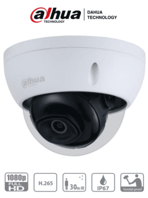 DAHUA DH-IPC-HDBW1230EN-0280B-S5- Cámara IP Domo Antivandalica de 2 Megapixeles/ Lente de 2.8 mm/ 104 Grados de Apertura/ Metalica/ IR de 30 Mts/ IP67/ IK10/ PoE/ DWDR/