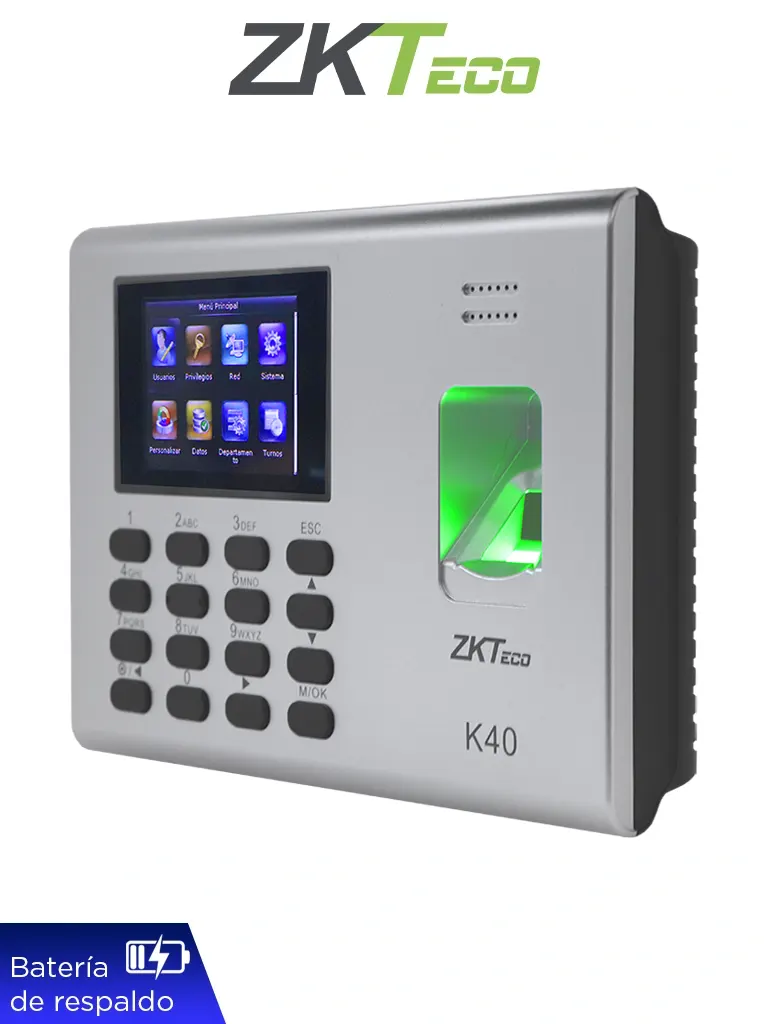 ZKTECO K40 - Control de Asistencia y Acceso Básico con Huella Digital BioID (1000), Conexión TCP/IP, SSR (Reporte en Hoja de Cálculo Mediante USB) y Batería de Respaldo de 2 Horas