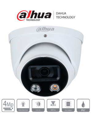DAHUA DH-IPC-HDW3449H-AS-PV - Camara IP Domo TiOC de 4 Megapixeles/ WizSense/ Lente de 2.8 mm/ Angulo de 101 Grados/ Iluminador Dual/ Sirena/ Estrobo Azul y Rojo/IR 30m/ SMD 4.0/ Microfono Integrado/ Ranura MicroSD/ IP67/ PoE