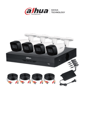 DAHUA KITXVR5104HS4KLI3+4HFW1500CMA- Kit de vigilancia de 4 canales 5 MP con audio y DVR WizSense con reconocimiento facial y H.265+. Soporta 4 canales + 4 IP o hasta 8 IP. Incluye 4 canales SMD Plus para búsqueda de humanos y vehículos