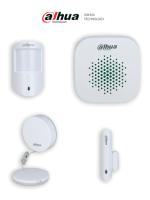 DAHUA KIT BÁSICO - Paquete básico de periféricos para sistemas inalámbricos de intrusión de Dahua, Incluye: 1 PIR para interior, 1 Contacto magnético, Sirena para interior, Detector de inundación, Administrable desde la aplicación DMSS