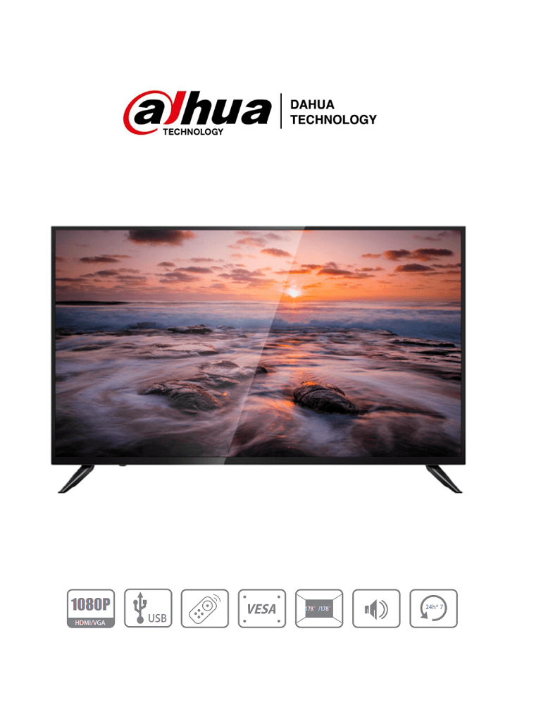 DAHUA LM43-F200 -Pantalla profesional de 43" FHD, ideal para sistemas CCTV. Diseñada para operar 24/7, con conectividad VGA y HDMI, altavoces integrados, brillo de 330 cd/m² y tiempo de respuesta de 8 ms.