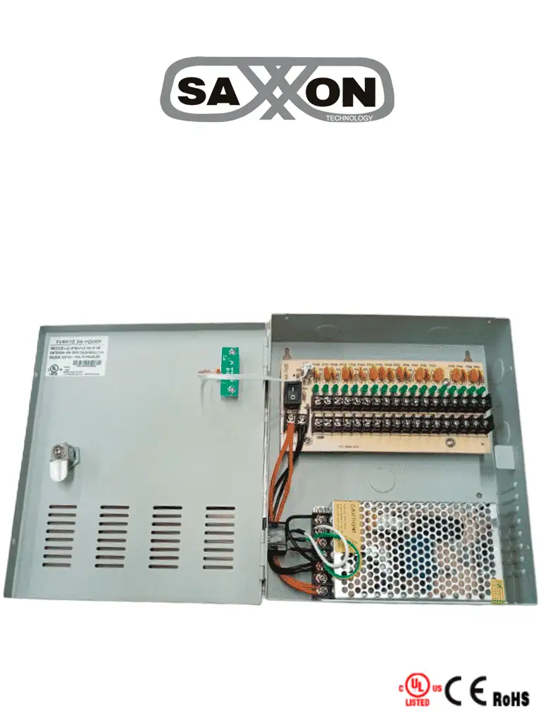 SAXXON PSU1210D18 - Fuente de Poder de 12 vcd/ 10 Amperes/ Para 18 Camaras/ 0.55 Amperes por Canal/ Protección contra Sobrecargas/ Certificación UL/