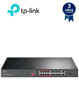 TP-LINK TL-SL1218P - Switch PoE+ no administrable con 16 puertos 10/100 Mbps, 2 puertos 10/100/1000 Mbps y 1 puerto SFP. Incluye 8 puertos extensores PoE (hasta 250 m), capacidad de 150W, diseñado para vigilancia IP.
