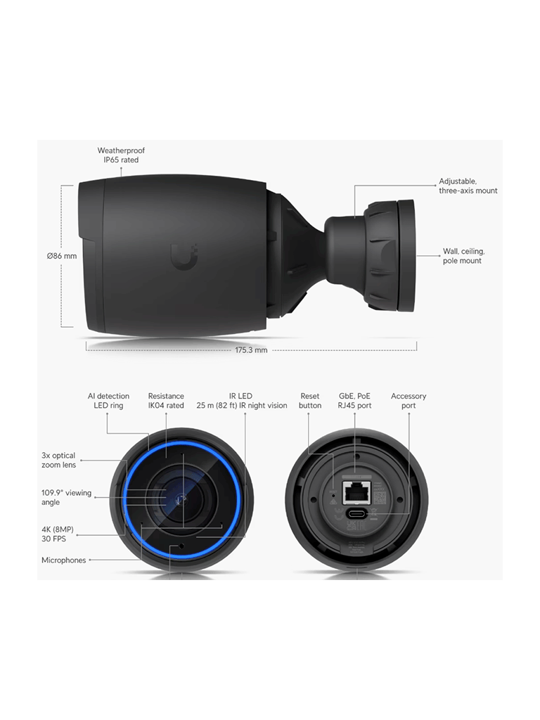 UBIQUITI UVC-AI-PRO - Cámara 4K, Zoom óptico 3X, IA avanzada: detecta personas, lee matrículas , IR 25 metros , microfono integrado, audio bidireccional , Exterior/Interior, POE+ (Color Negro). - Image 2