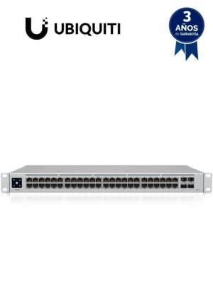 UBIQUITI USW-48-POE UniFi Switch de Capa 2 con 48 puertos (32 PoE 802.3af/at + 16 Gigabit) y 4 puertos 1G SFP, con una potencia de 195W y pantalla informativa.