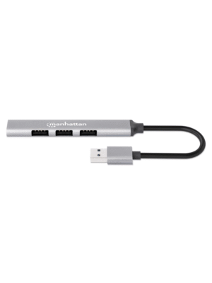 MANHATTAN -168427 - Hub USB combinado con 4 puertos Tipo A / Conector USB-A macho a cuatro puertos USB-A hembra, un puerto USB 3.2 Gen 1 (antes USB 3.0) de 5 Gbps y tres puertos USB 2.0 de 480 Mbps, alimentación por bus, aluminio, gris espacial