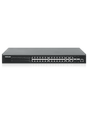 INTELLINET - 561426 - Switch Administrable 24 puertos PoE+ con 4 puertos SFP Gigabit / Switch Administrable 24 puertos PoE+ con 4 puertos Gigabit SFP, IEEE 802.3at/af Power over Ethernet (PoE+/PoE), 370 W, Endspan, Montaje en rack 19"