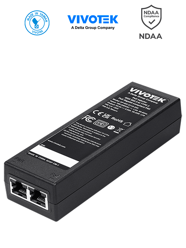 VIVOTEK AP-GIC-011A-030 - Inyector PoE Gigabit, 30W, 1 puerto, 802.3af/at, NDAA, 55VDC/0.55A, Proteccion 6KV