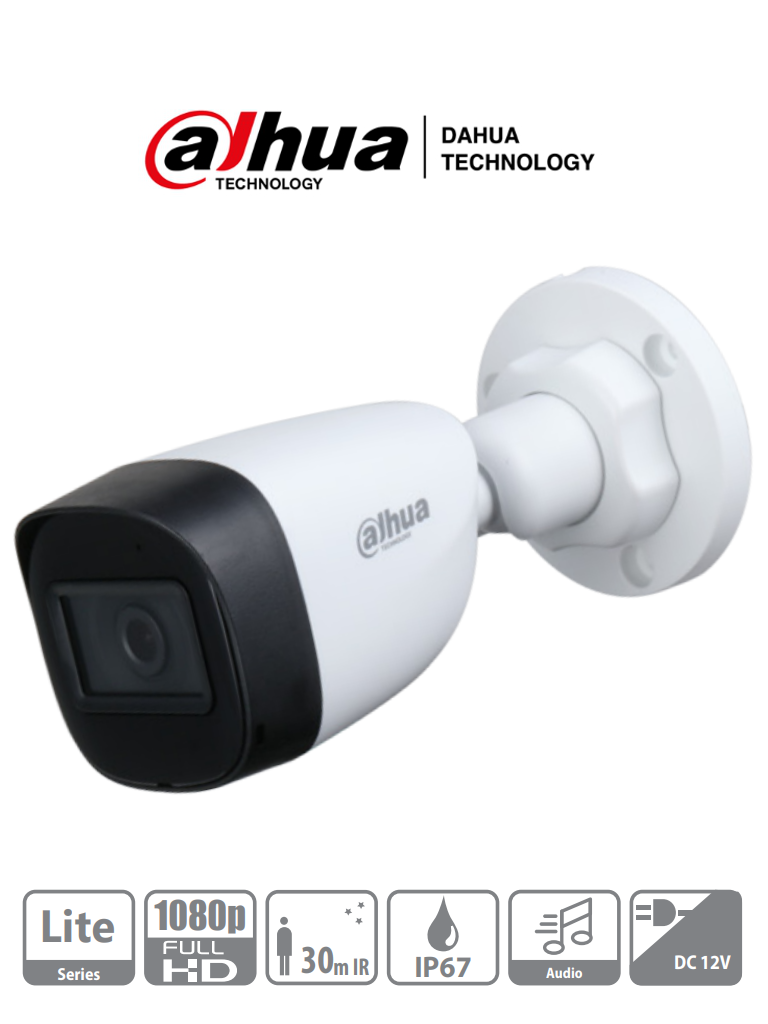 DAHUA HAC-HFW1200CN-A - Cámara Bullet 1080p/ Micrófono Integrado/ Lente de 2.8mm/ 30 Mts de Ir/ IP67/ Policarbonato/ CVI/CVBS/AHD/TVI/ BLC/HLC/DWDR