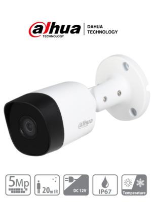 DAHUA HAC-B2A51N-0280B-S2 - Cámara bullet de 5 MP con lente de 2.8 mm y ángulo de visión de 106°. Incorpora IR de 20 m para visión nocturna, resistente IP67, y materiales metálicos. Compatible con CVI, CVBS, AHD y TVI