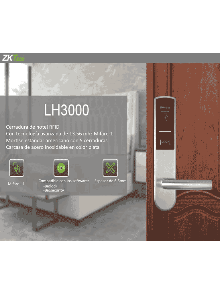 ZKTECO LH3000R - Cerradura Derecha para Hotel con Tecnología Mifare 13.56 MHz, Compatible con Puertas de 40 a 55 mm de Grosor, 2 Pestillos de Seguridad, Fabricada en Acero Inoxidable, Capacidad de Registro de 224 Eventos - Image 5
