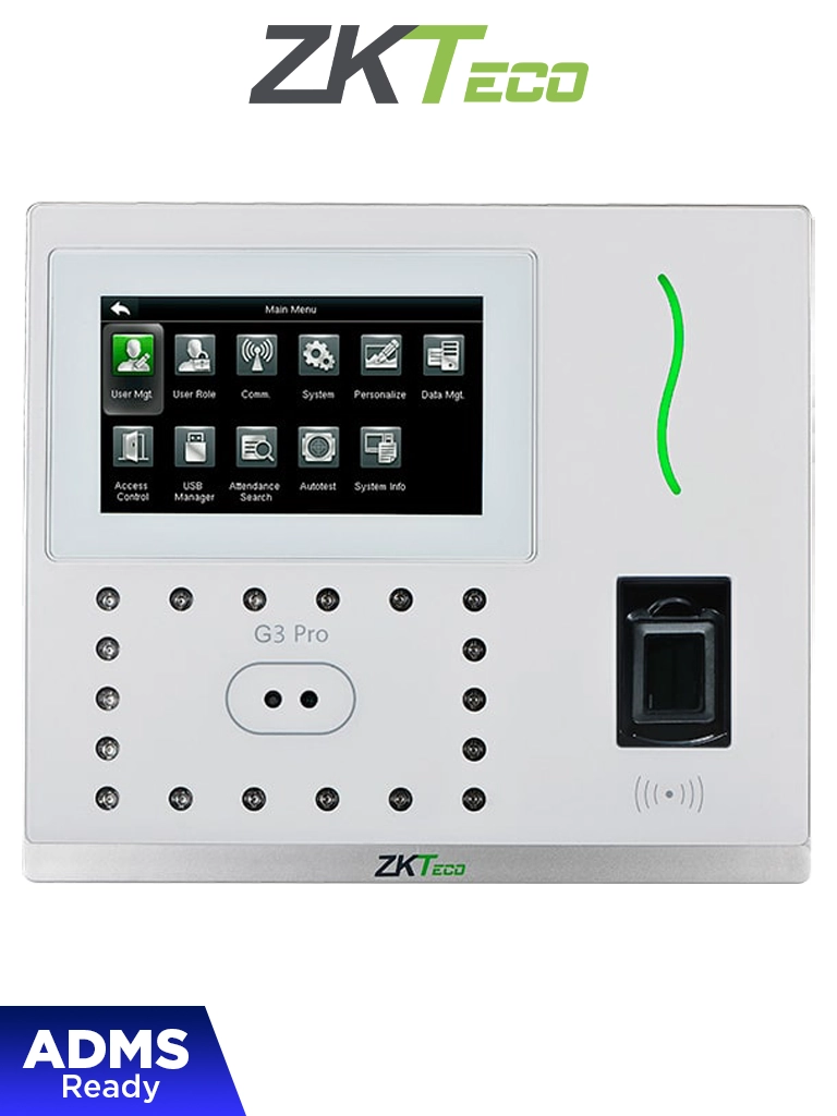 ZKTECO G3PRO -Control de Asistencia y Acceso con Autenticación Facial (12000 Rostros), Huella Digital BioID+ (20000), Tarjeta ID 125 KHz (20000), Verificación Palma (6000), Registro de 200,000 Eventos, Green Label y TCP/IP