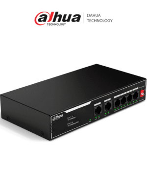 DAHUA DH-SF1006LP - Switch PoE de 6 Puertos Fast Ethernet/ 4 Puertos PoE 10/100/ 36 Watts Totales/ 2 Puertos Uplink RJ45 10/100/ PoE Watchdog/ Soporta hasta 250mts sobre UTP CAT 6/ Protección Contra Descargas/