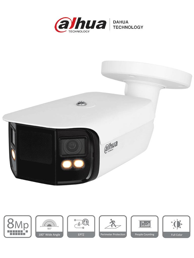 Dahua IPC-PFW5849-A180-E2-ASTE - Cámara IP Bullet 4K con multivisión en color, LED de 40 m y ángulo de 180°. Tecnología H.265, WDR, ROI, y SMD 4.0. Resistente al agua (IP67) con audio y alarma E&S para una vigilancia avanzada y detallada.