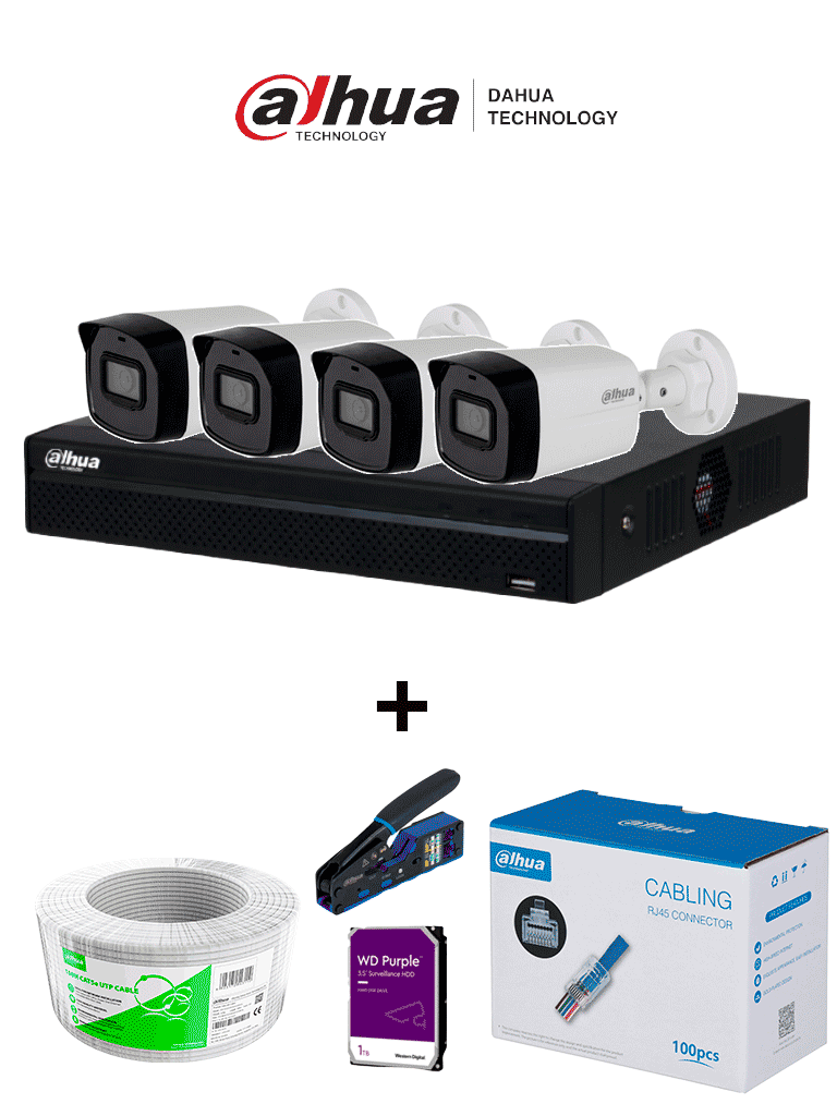 Bundle NVR+4BulletIP - Compra 1 NVR NVR1104HS-P-S3 de 4 Canales/ 4 cámaras IPC-B1E20 / Bobina de 100m/ Caja con 100 plugs/ Pinza de corte rj45/ Disco Duro 1TB/