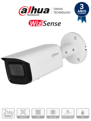 DAHUA IPC-HFW3241T-ZAS-S2 - Cámara IP Bullet de 2MP/WizSense/Lente Motorizado de 2.7 a 13 mm/ IR de 60 Metros/ Micrófono Integrado/ IA/ SMD 4.0/ AI SSA/ QuickPick/ E&S de Alarma y Audio/ IP67/ PoE/Ranura para Micro SD