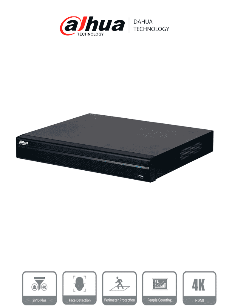 DAHUA DHI-NVR4232-4KS3 NVR De 32 canales IP, 8 MP/4K, 160 Mbps, Smart H.265+, 2 Bahías para HDD de 20 TB cada uno, HDMI & VGA, soporta cámaras WizSense y 2 canales SMD Plus.