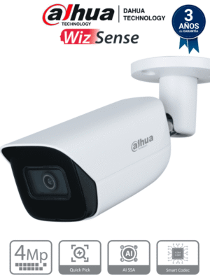 DAHUA IPC-HFW3441E-S-S2 - Camara IP Bullet de 4 Megapixeles con IA/ WizSense/ Lente de 2.8mm/ 107 Grados de Apertura/ Microfono Integrado/ IR de 50 Metros/ SMD 4.0/ Quick Pick/ AI SSA/ WDR Real/ IP67/ Ranura para MicroSD/ PoE/