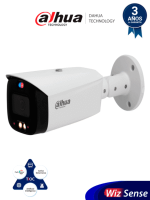 DAHUA IPC-HFW3449T1-AS-PV Cámara IP Bullet 4MP/ TiOC/ WizSense/ Iluminador Dual Inteligente/ Disuasión Activa/ Lente 3.6mm/ 30 Metros de IR y Luz Visible/ Sirena y Estrobo Azul y Rojo/ SMD 4.0/ Ranura Micro SD/ E&S de Alarma y Audio/ IP67.
