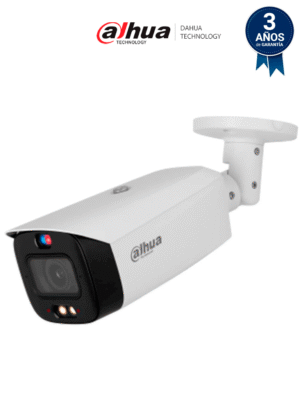 DAHUA IPC-HFW3449T1-AS-PV-V2 Cámara IP Bullet 4MP ofrece TiOC, WizSense, AcuPick, Iluminador Dual, Disuasión Activa, Lente 3.6mm, asi como sirena y estrobo azul y rojo, SMD 4.0 y protección IP67. Con ranura micro SD.