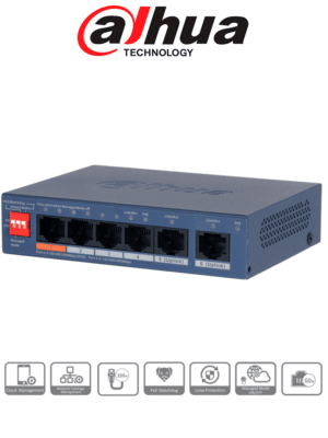 DAHUA DH-CS4006-4GT-60-V2- Switch PoE de 6 Puertos Gigabit/ 4 Puertos PoE 10/100/1000/ 2 Puertos Uplink 10/100/1000/ 60 Watts Totales/ Administrable en la Nube por DoLynk Care/ PoE Hasta 250 Metros/ Carcasa Metalica/ Switching 12 Gbps