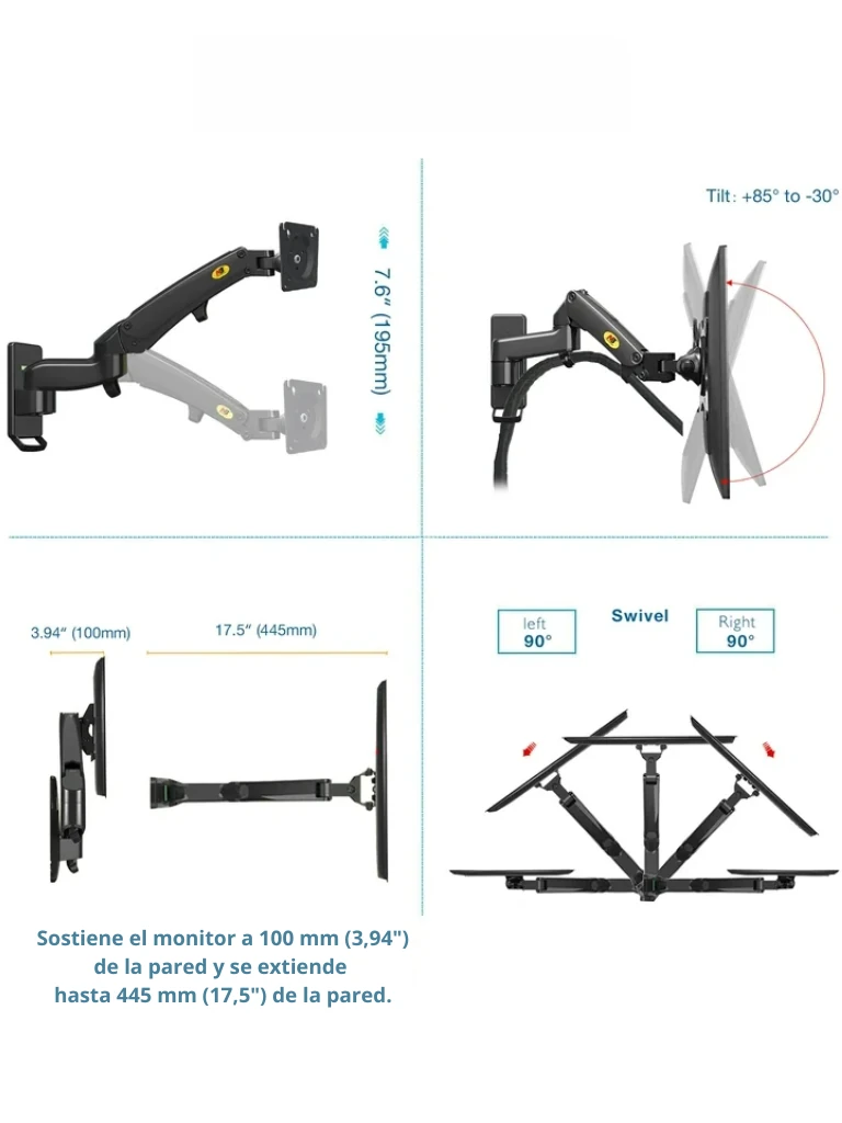 TCE F150 - Soporte de Pared para Pantallas de 17 a 35" , Carga Máxima 12 Kg , VESA 75x75mm / 100x100mm , Ajuste Inclinación y Rotación - Image 4