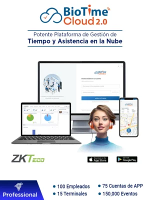 ZKTECO BIOTIMECLOUDPROFESSIONAL - Licencia de Asistencia en la Nube para 100 Empleados, 15 Terminales, 150,000 Eventos y 75 Cuentas de App, Suscripción por un Año
