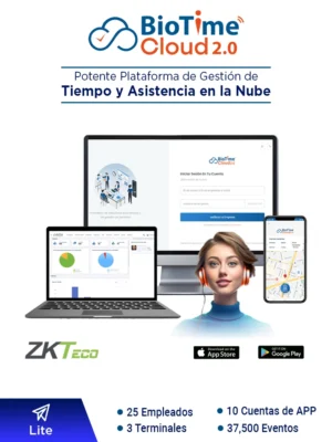 ZKTECO BIOTIMECLOUDLITE - Licencia de Asistencia en la Nube para 25 Empleados, 3 Terminales, 37,500 Eventos y 10 Cuentas de App, Suscripción por un Año