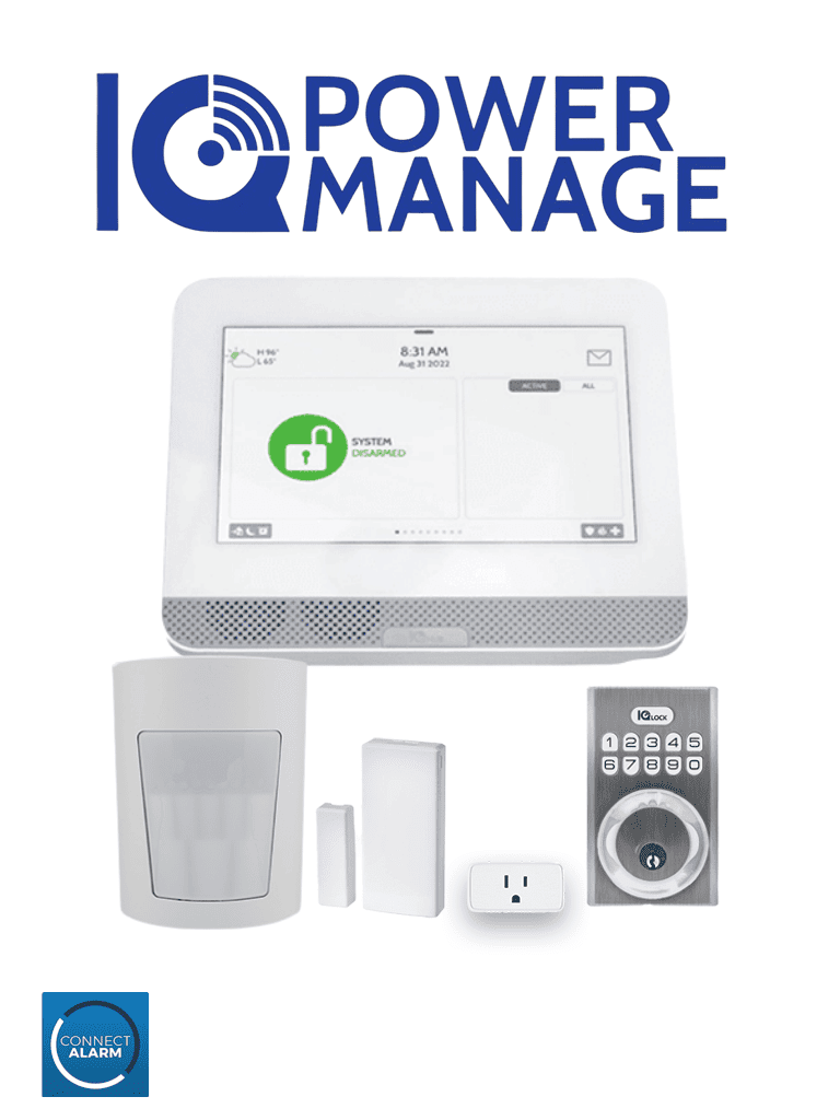 QOLSYS IQ4 HUB POWER MANAGE Automation KIT - Paquete que contiene Sistema IQ 4 HUB POWER MANAGE, con pantalla táctil de 7", 1 sensor PIR inalámbrico PGP9914, 1 sensor magnético inalámbricos PG9303, 1 enchufe inteligente y una cerradura Power G