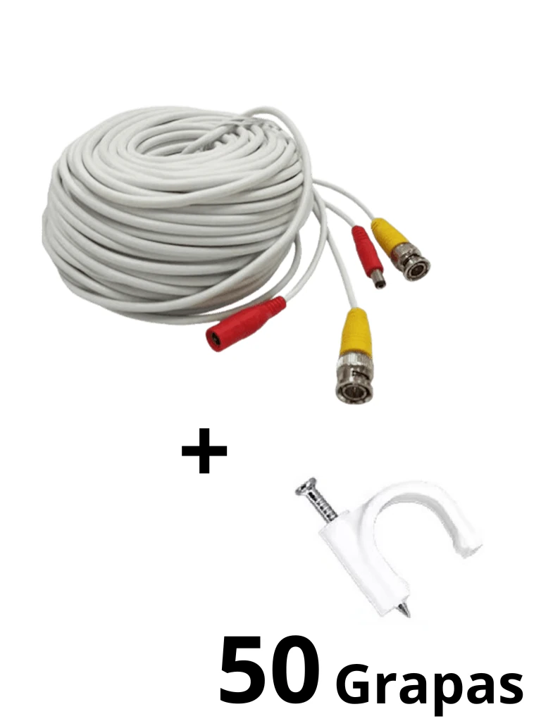 TCE-BNC20WLMG5-Paquete de Cable Siames Armado Blanco de 20 Metros con Bolsa de 50 Grapas de Pared Blancas de 5mm