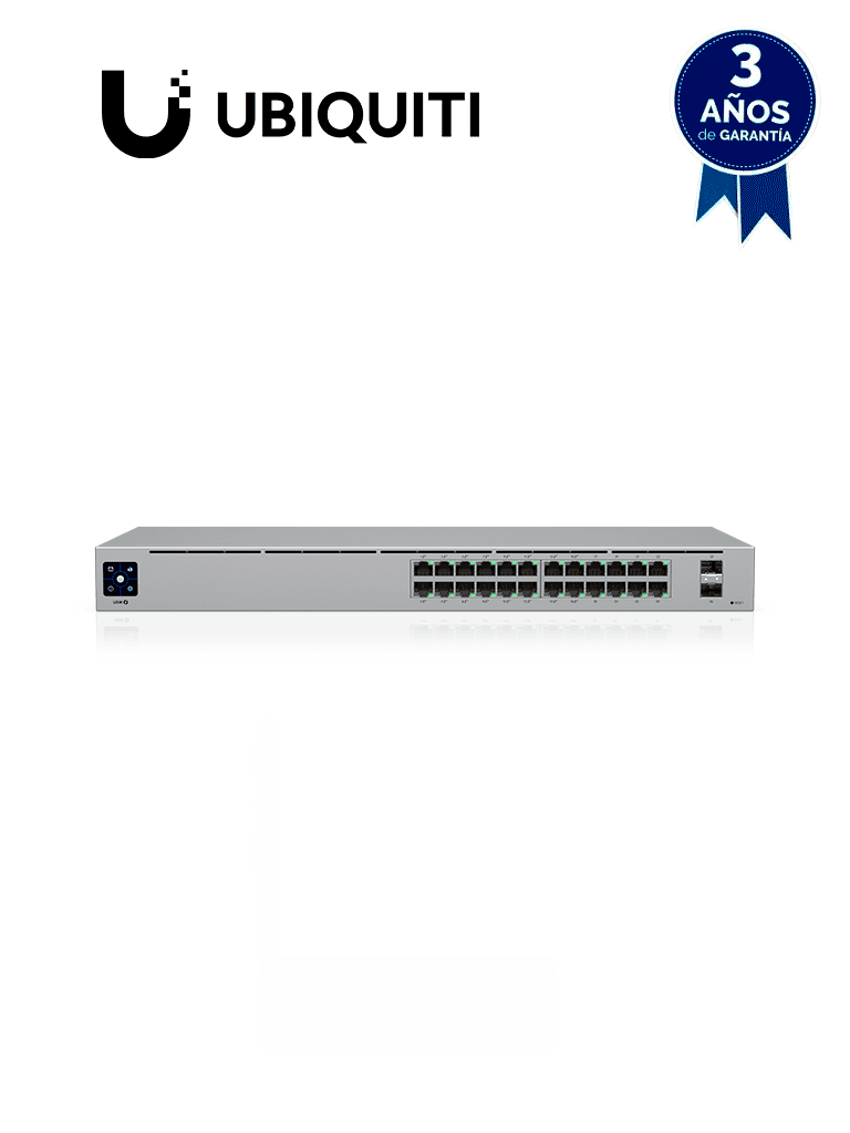 UBIQUITI USW-24-POE UniFi Switch Gen2, Capa 2 de 24 puertos (16 PoE 802.3af/at + 8 Gigabit) + 2 puertos 1G SFP, con 95W de potencia y pantalla informativa.