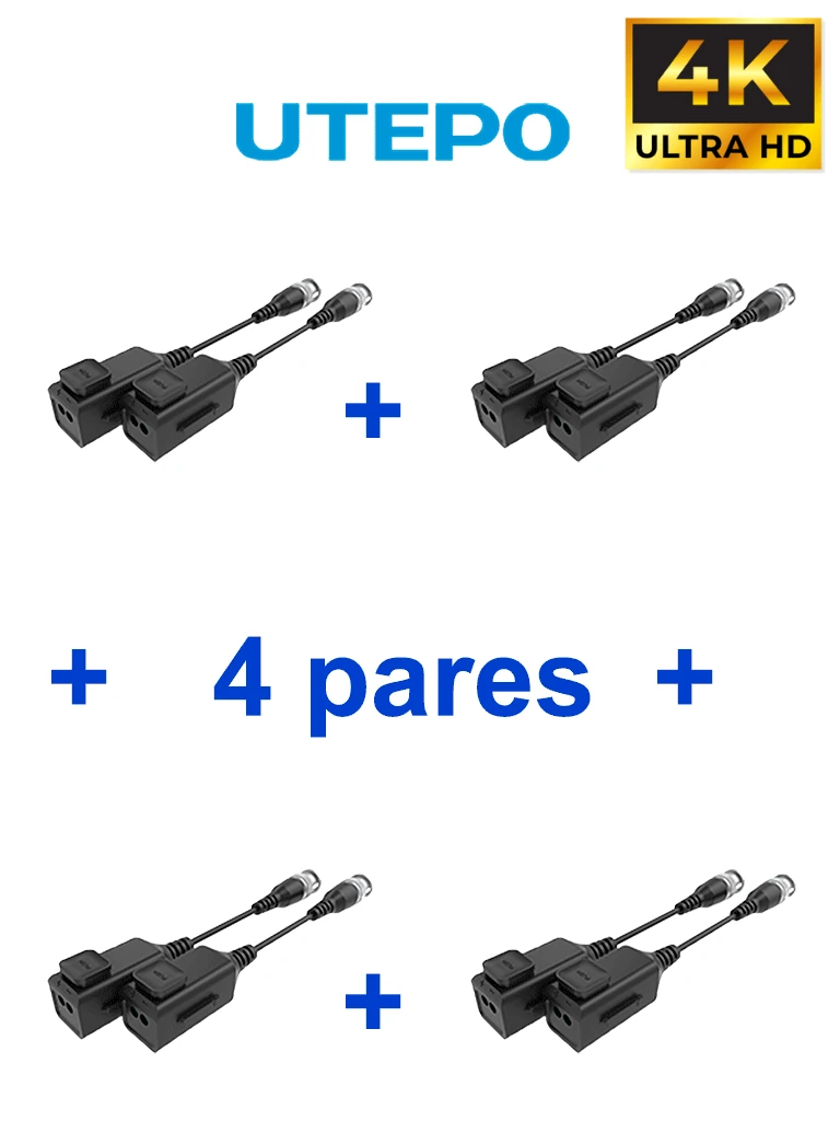 UTEPO UTP101PHD6PAK4 - 4 pares de transceptores pasivos HD, diseño para empalmes ordenados, distancias CVI: 720p a 300m, 1080p a 250m, 4MP a 200m, 4K a 150m