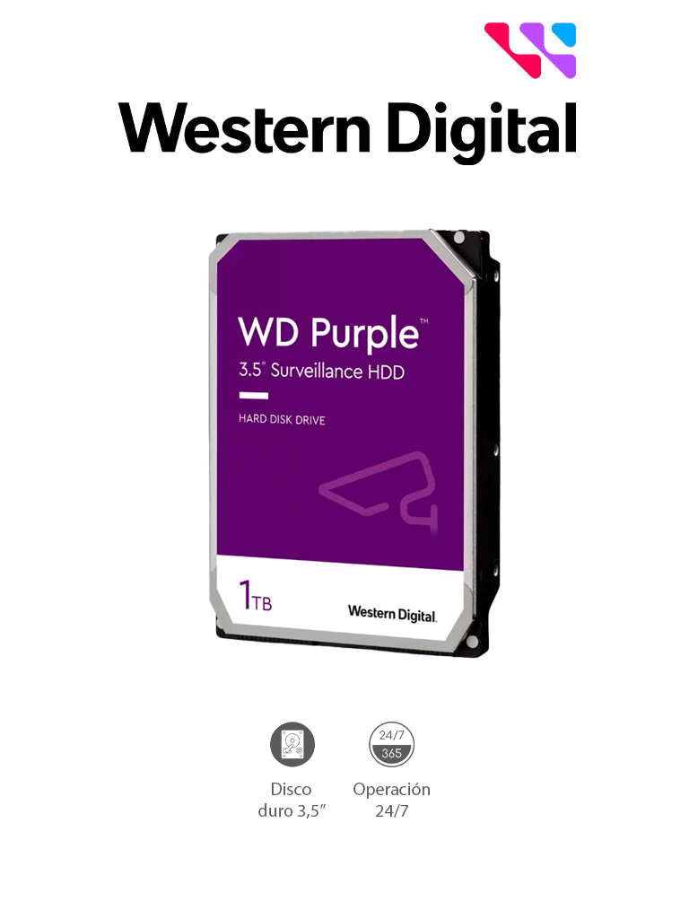 WESTERN WD10PURZ - Disco Duro de 1TB Purple/ Especial Para Videovigilancia/ Trabajo 24/7/ Interface: Sata 6 Gb/s/ Hasta 64 Cámaras/ Hasta 8 Bahías de Discos Duros/ 3 Años de Garantía/